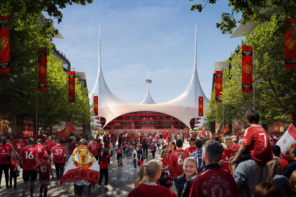 Illustration of Manchester United fans celebrating outside the new 100,000 capacity stadium, intended to replace Old Trafford.