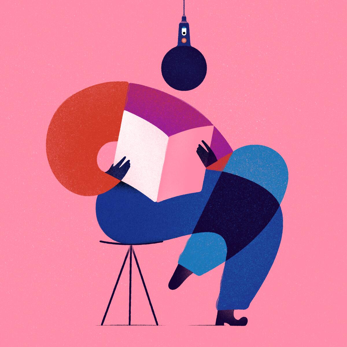 Illustration of a figure seated and reading a book, in place of their head is a microphone hanging from the ceiling