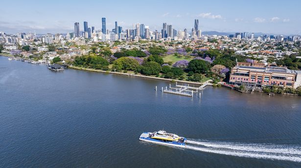 Aerial of CityCat cruising past Brisbane Powerhouse
