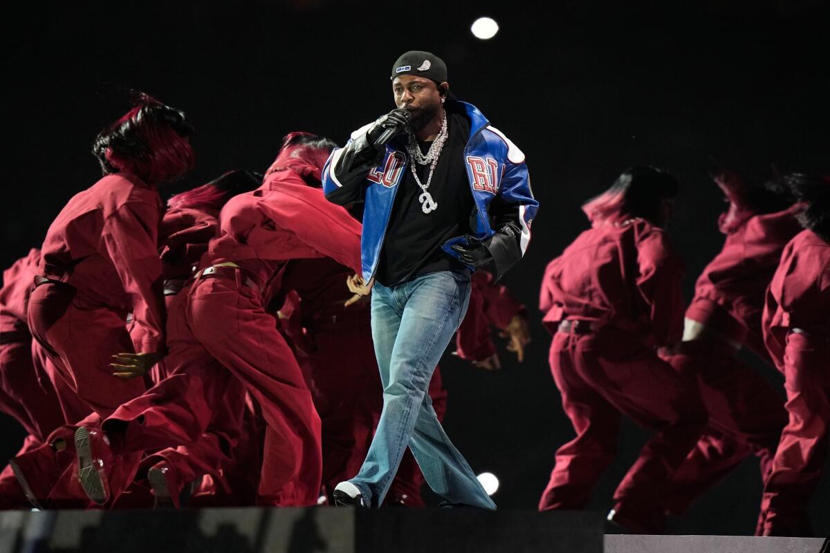 Kendrick Lamar performs during halftime of the NFL Super Bowl 59.