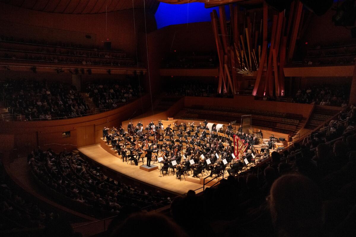 Far-away shot of an orchestra on stage