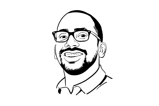 line drawing of a person with short black hair, beard, and wearing glasses on a white circle