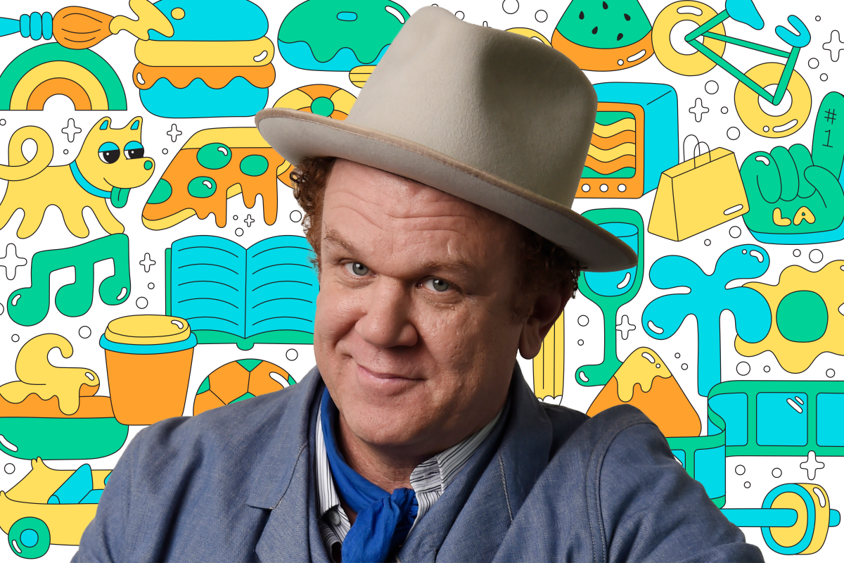 Photo of a person on a background of colorful illustrations like a book, dog, pizza, TV, shopping bag, and more.