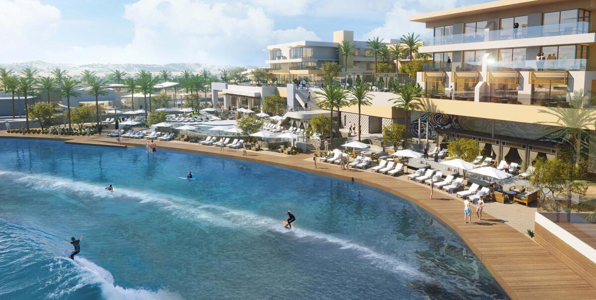 A rendering shows visitors riding machine-powered waves in a 5.5 acre surf pool.