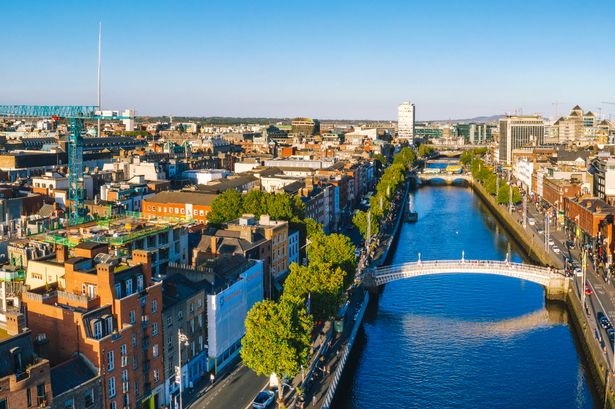 Dublin aerial with Ha'penny bridge during sunset in Dublin, Ireland