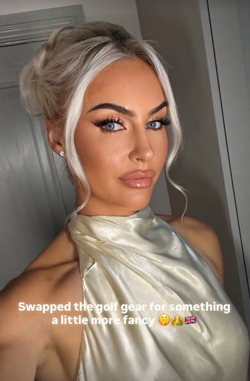 Charley Hull in a fancy white dress, with the text "Swapped the golf gear for something a little more fancy"