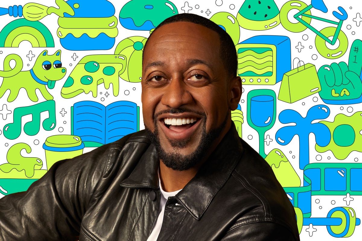 Photo of a person on a background of colorful illustrations like a book, dog, pizza, TV, shopping bag, and more