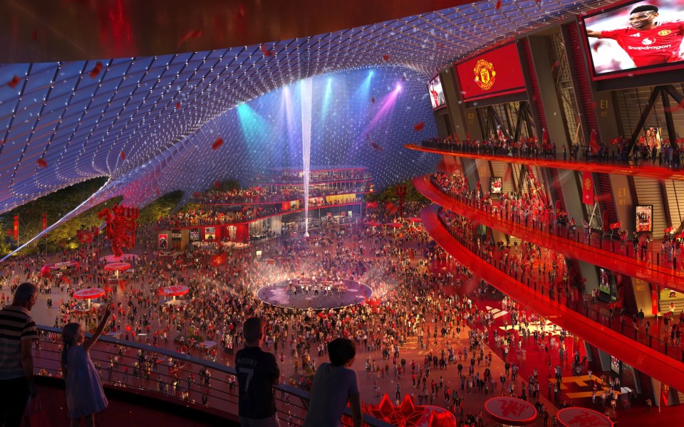 Illustration of a large, futuristic stadium with many people, red escalators, and large screens showing Manchester United players.
