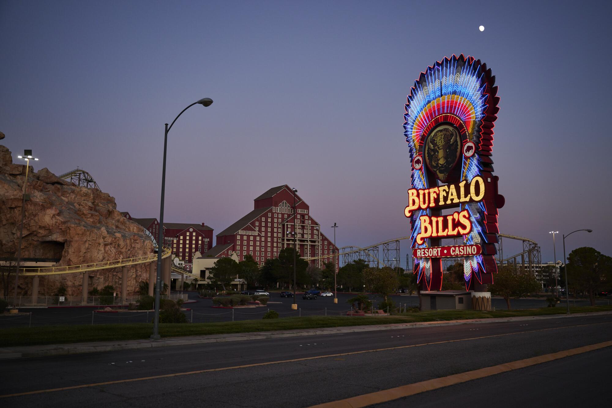 Lights still glow on the Buffalo Bill's Resort and Casino sign in July.