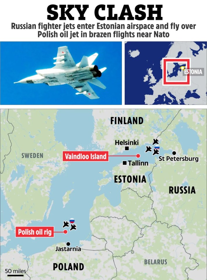 Collage of a Russian fighter jet, a map of Europe highlighting Estonia, and a map of the Baltic Sea showing Russian jet movements near Estonia and Poland.