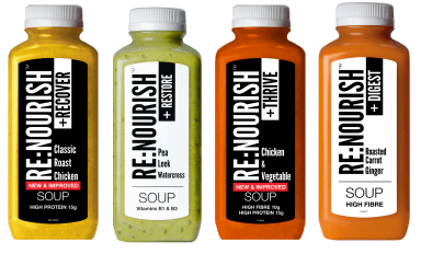Four bottles of Re:Nourish soup in different flavors.