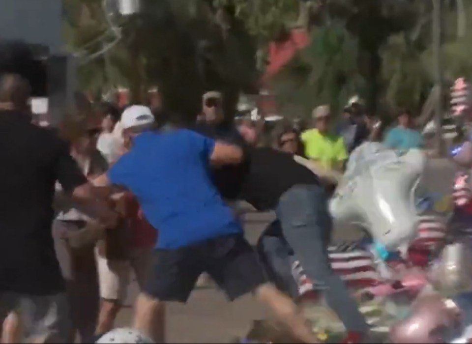 People fighting in a crowd.