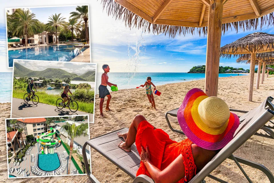 Collage of vacation activities including a person relaxing on a beach, children playing on a beach, people cycling by the sea, a swimming pool surrounded by palm trees, and a water park.