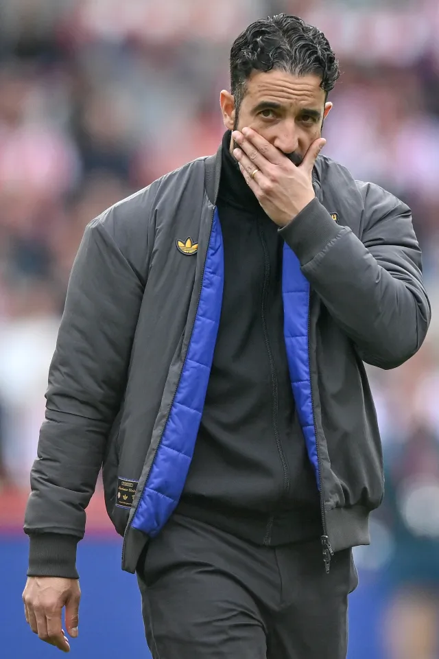 Ruben Amorim, manager of Manchester United, looks dejected.