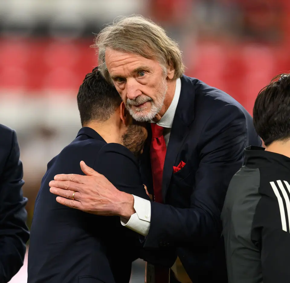 Manchester United co-owner Sir Jim Ratcliffe consoles Ruben Amorim after a football match.