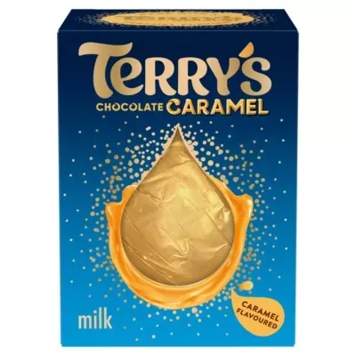 Terry's Chocolate Caramel box with a golden wrapped candy.