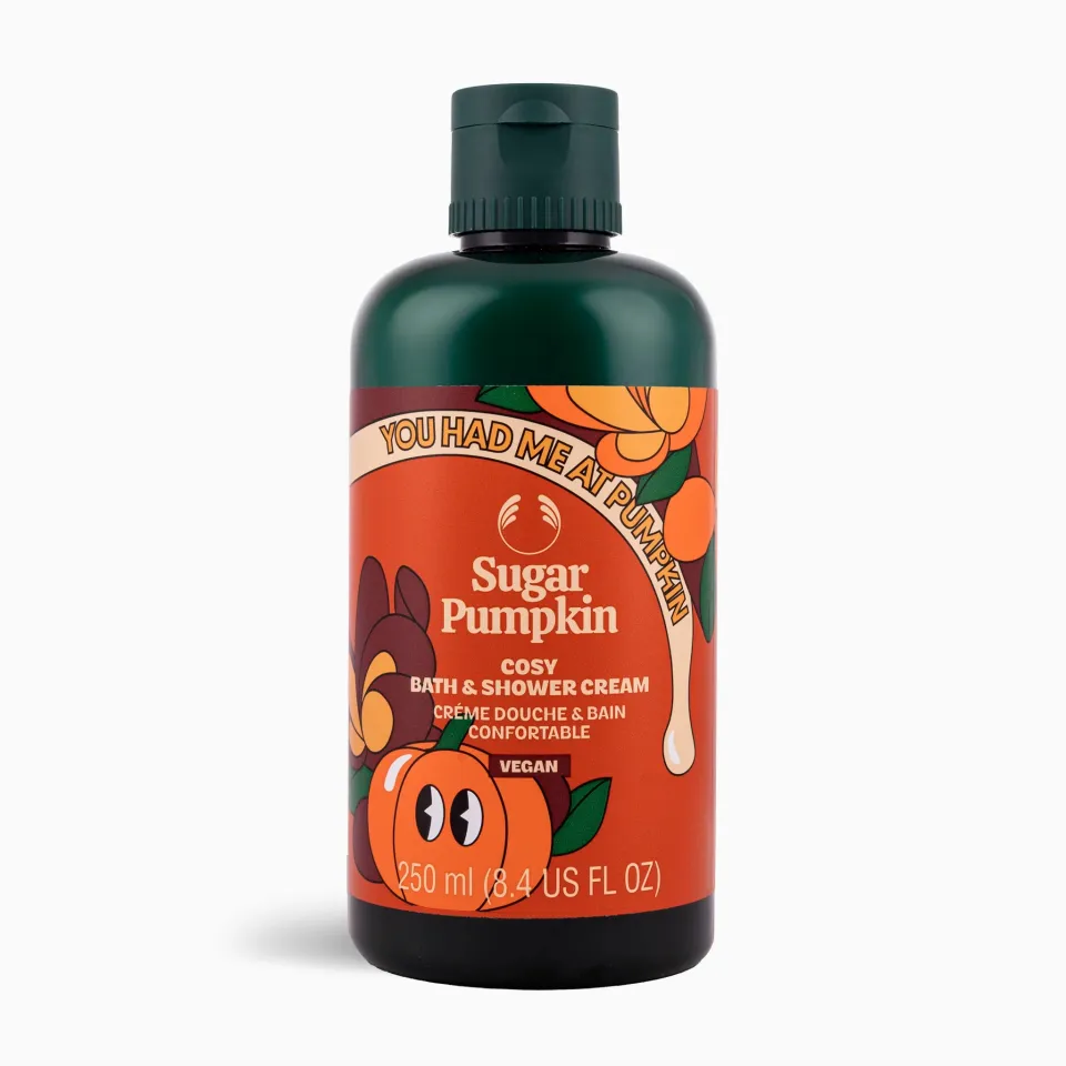 The Body Shop Sugar Pumpkin Cosy Bath & Shower Cream bottle.