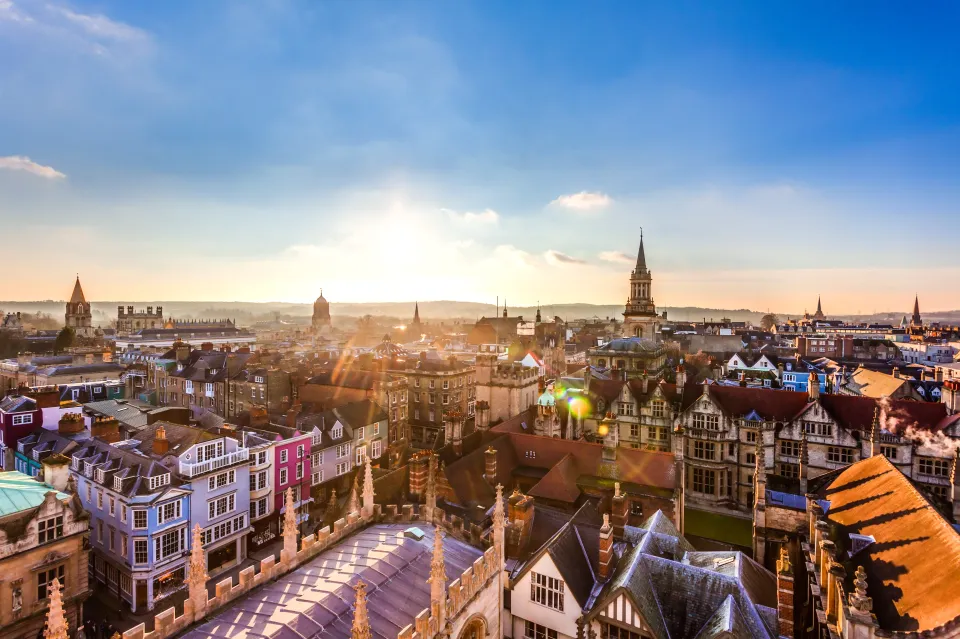 Aerial view of Oxford city, England, at sunset.
