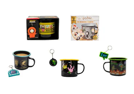 Collage of recalled Harry Potter and South Park mugs, along with other novelty mugs and keychains.
