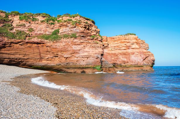 Ladram Bay, United Kingdom. View of the beach and the cliffs and rock formations in the sea, Jurassic coast, selective focus
