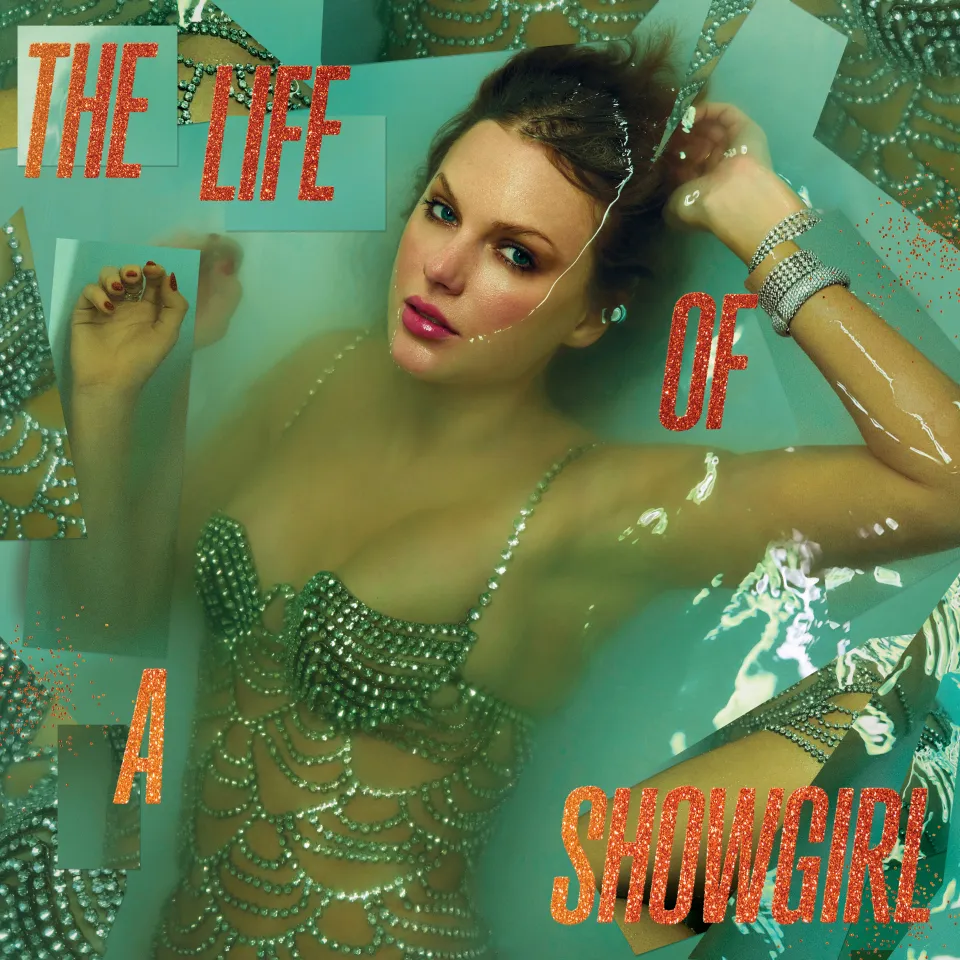 Album cover for "The Life of a Showgirl" by Taylor Swift, featuring her in a bejeweled top lying in water.