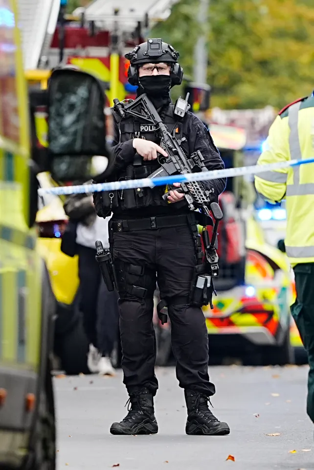 Armed police officer at the scene of an incident at Heaton Park Hebrew Congregation synagogue.