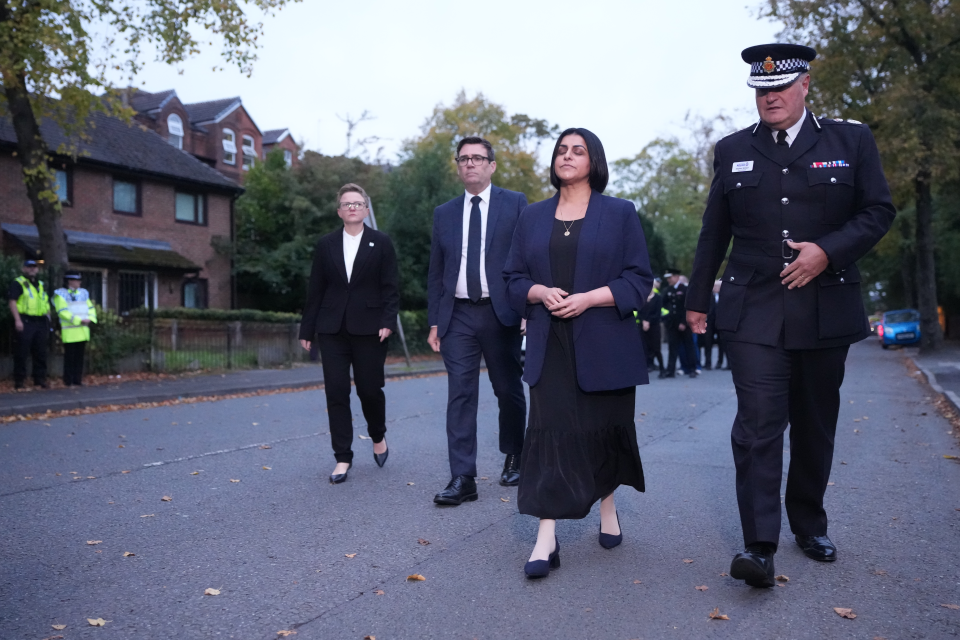 Mayor Andy Burnham, Secretary Shabana Mahmood, and Chief Constable Sir Stephen Watson visit a synagogue after a stabbing and car attack.
