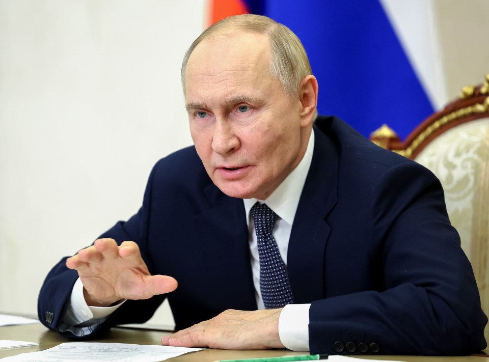 Russian President Vladimir Putin speaks at a videoconference meeting at the Kremlin.