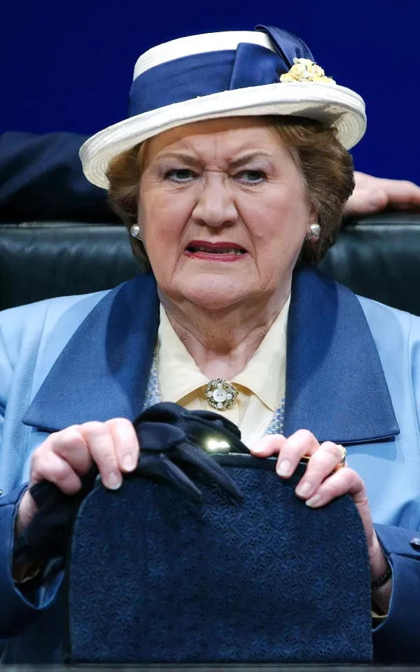 Actress Patricia Routledge as Laura Partridge, making a sour face, during a photocall for 'The Solid Gold Cadillac'.