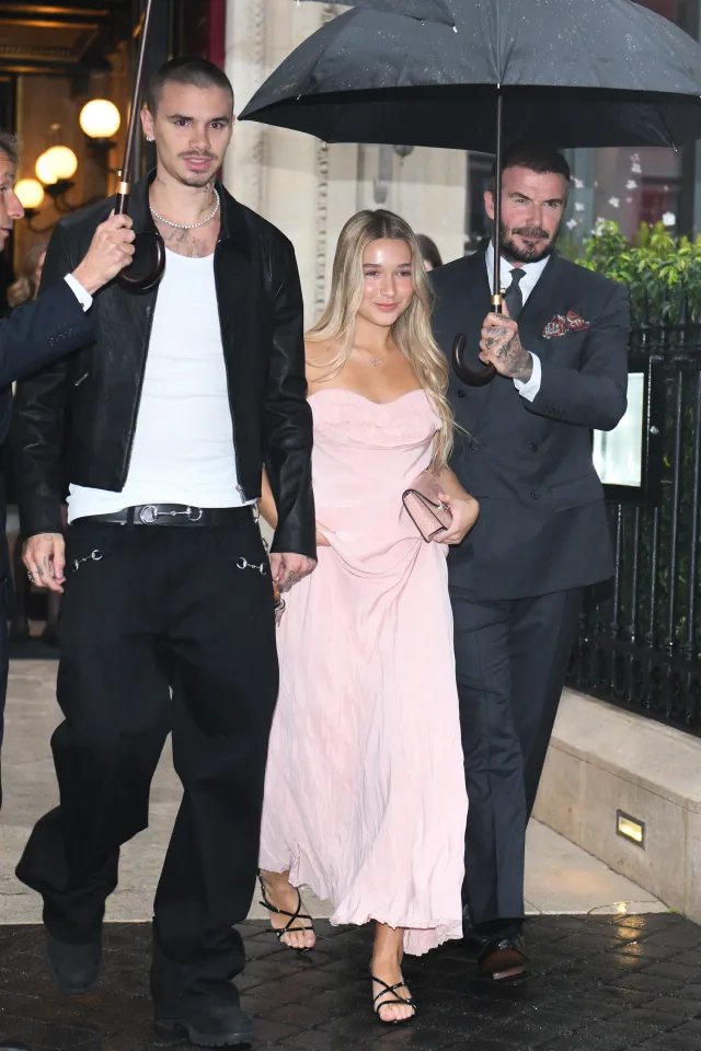 David Beckham with his daughter Harper Beckham and his son Romeo Beckham leaving La Reserve hotel.