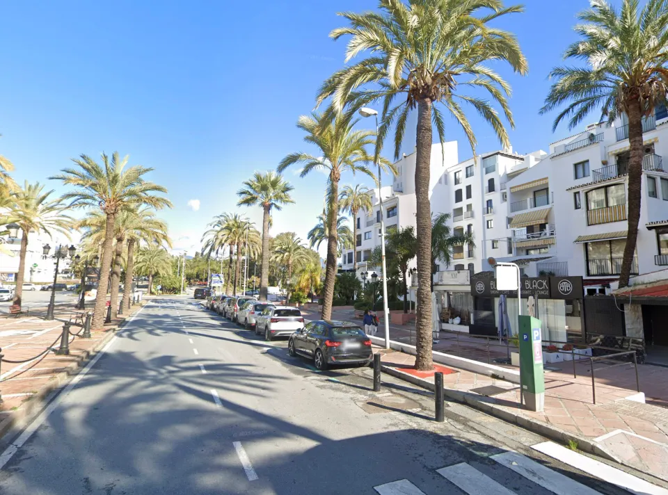 Scene of the shooting in Puerto Banus, with palm trees lining a road with parked cars and white buildings.