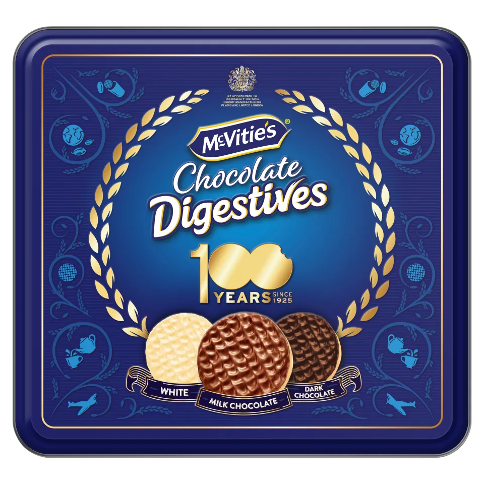 McVitie's Chocolate Digestives 100 Years Since 1925 tin with white, milk, and dark chocolate biscuits.