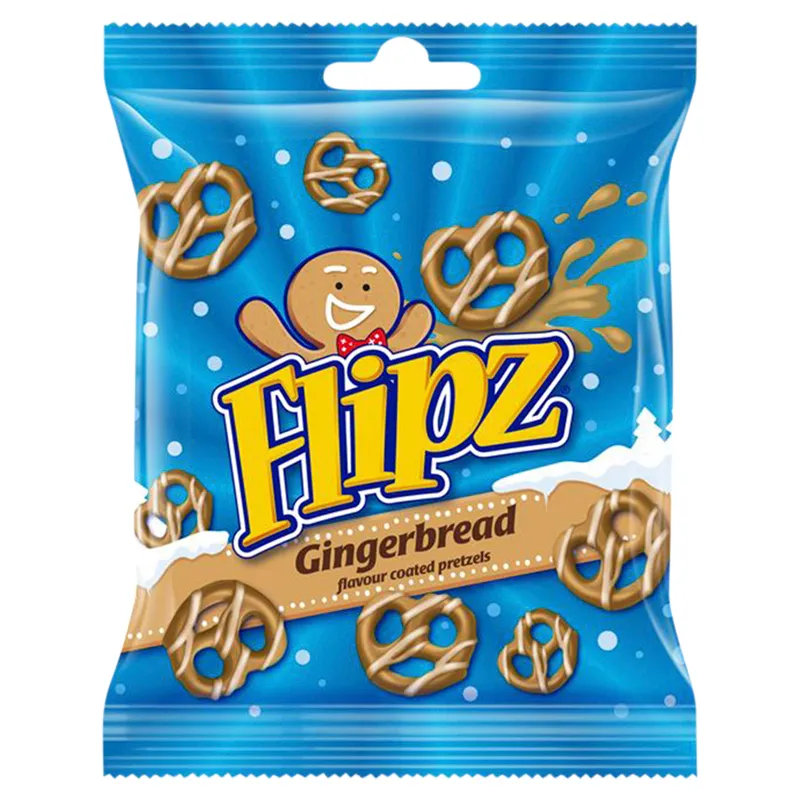 Illustration of a blue bag of Flipz Gingerbread flavor coated pretzels.