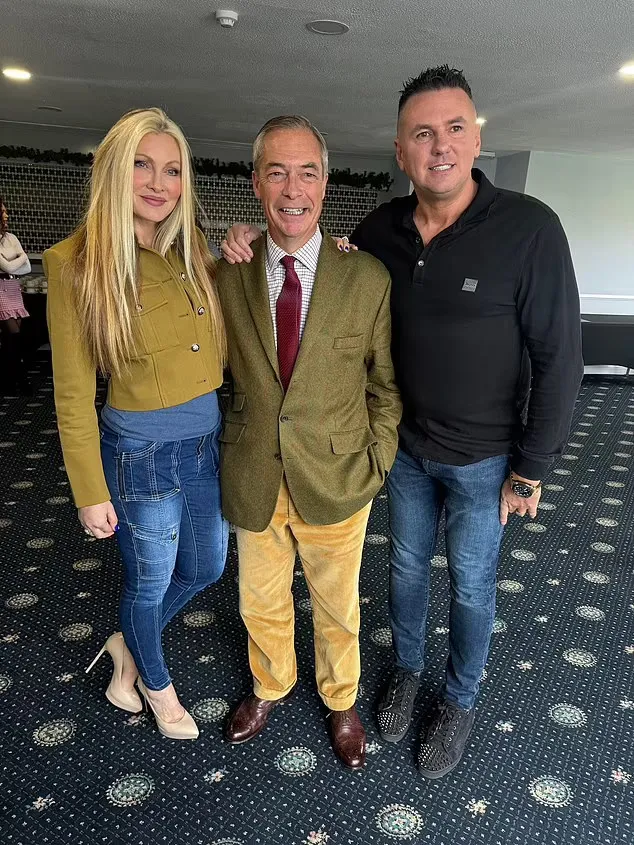Nigel Farage, Caprice Bourret, and an unidentified man posing for a photo.