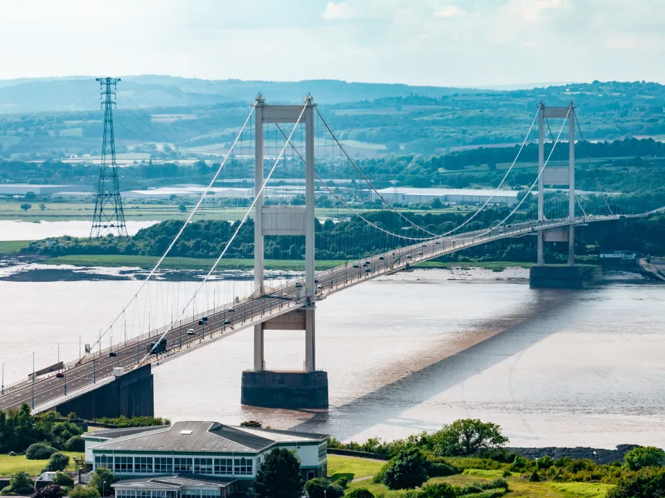 Aerial view of the Severn Bridge over the Severn River near Bristol, England and Wales, UK