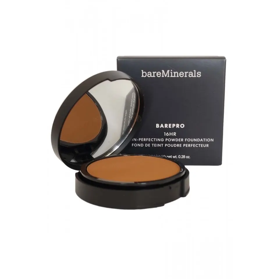 bareMinerals BAREPRO 16HR Skin-Perfecting Powder Foundation in a compact with a mirror and its box.