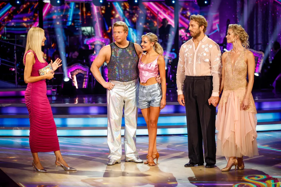 Host Tess Daly with Thomas Skinner and Amy Dowden, and Chris Robshaw and Nadiya Bychkova on Strictly Come Dancing.