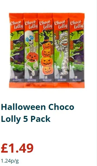 Five Halloween Choco Lolly chocolate bars with witch, skeleton, pumpkin, and mummy designs.