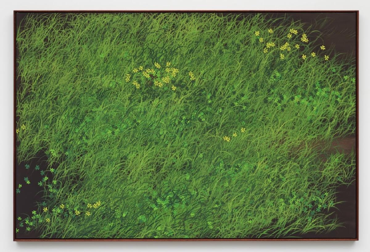 An oil painting of grass and wildflowers.