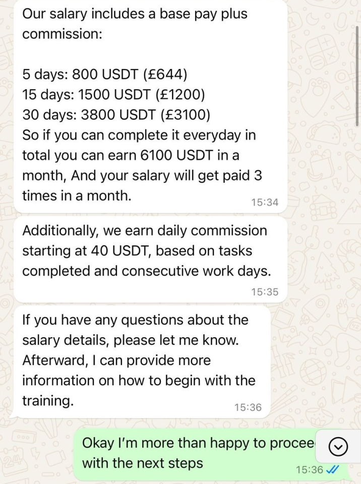 A WhatsApp message conversation detailing salary and commission, with a user responding, "Okay I'm more than happy to proceed with the next steps."