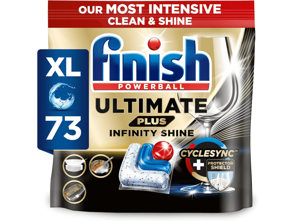 Finish Powerball Ultimate Plus Infinity Shine 73-count dishwasher detergent.