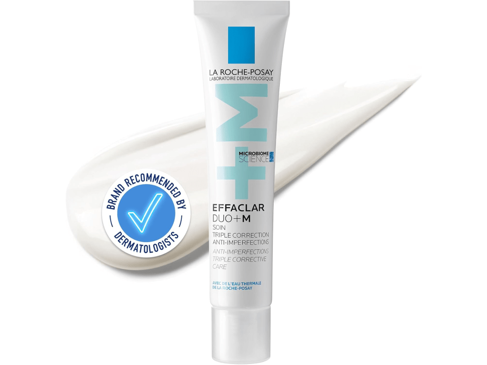 La Roche-Posay Effaclar Duo+M triple correction anti-imperfections cream with a label stating "Brand Recommended by Dermatologists".
