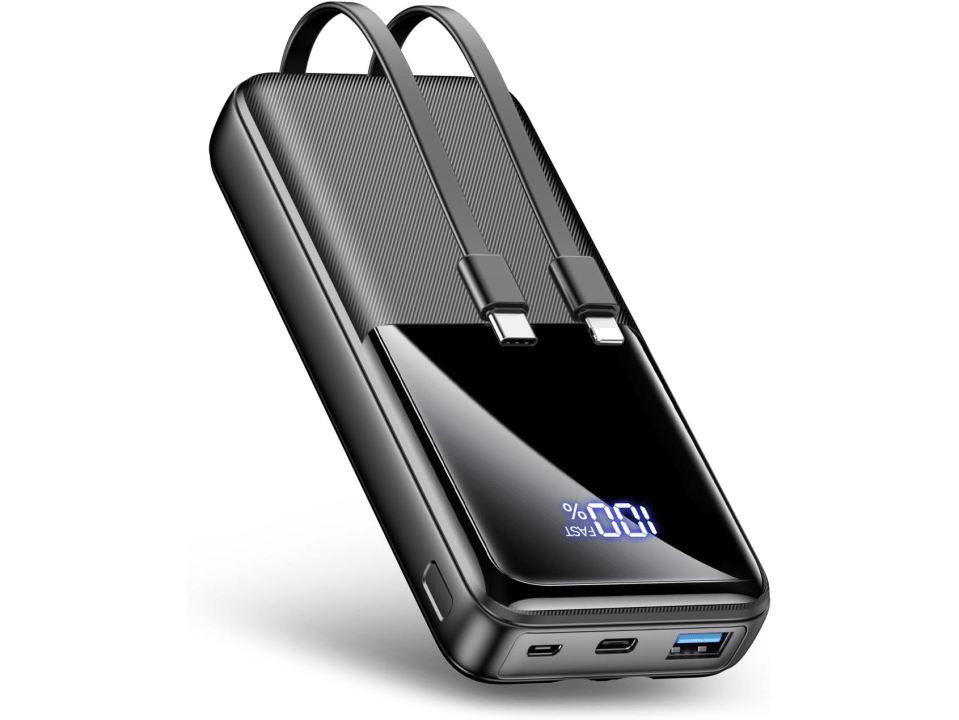 Black portable power bank with built-in USB-C and Lightning cables, and a digital display showing "100% FAST".