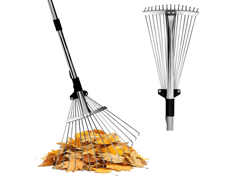 Collage of a silver leaf rake raking a pile of autumn leaves and a close-up of the rake head.