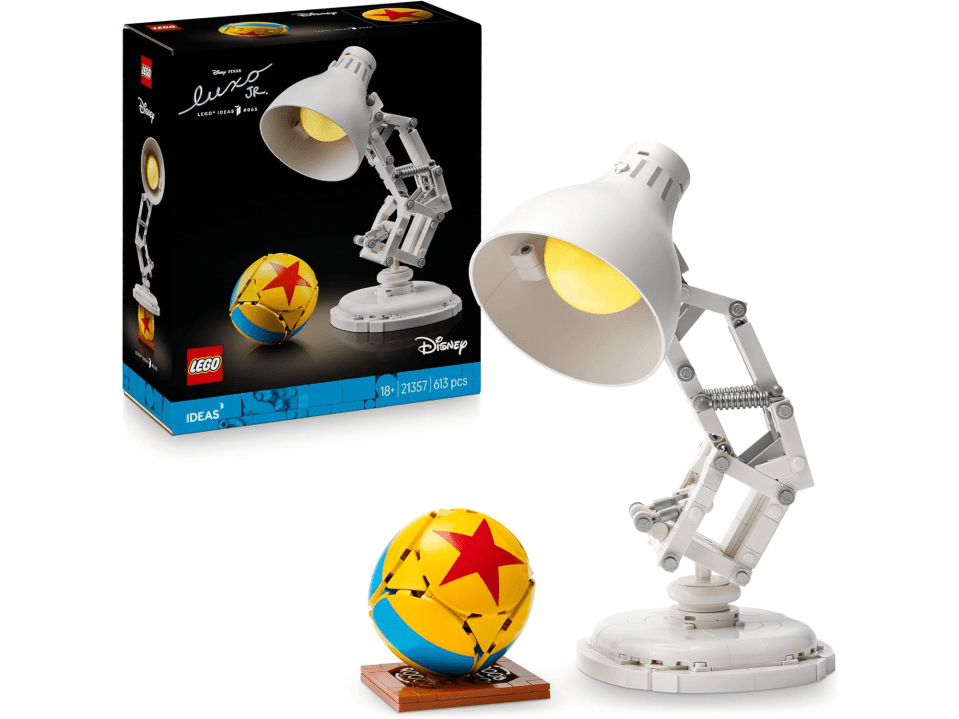 Lego Ideas Disney Pixar Luxo Jr. lamp and ball, with packaging.
