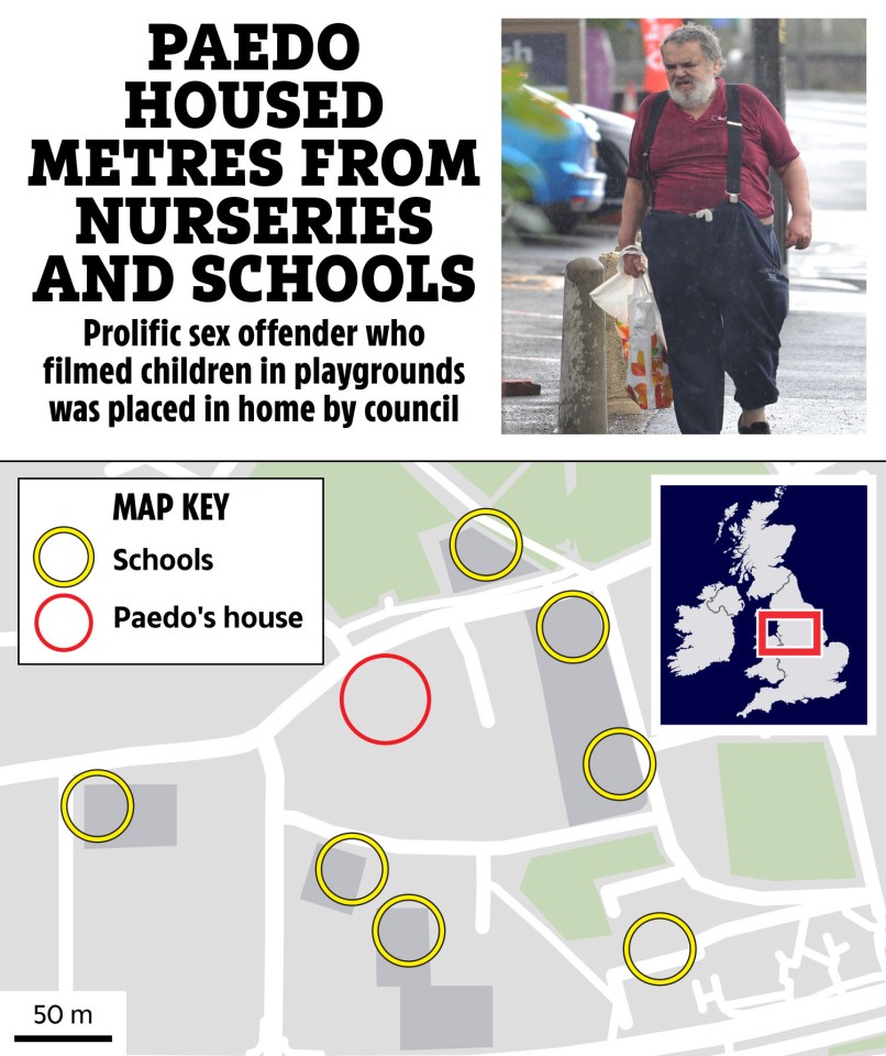 Map showing schools near a sex offender's house, with an inset of the UK highlighting the region.