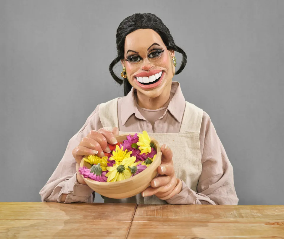 A puppet version of the Duchess of Sussex with a wide smile, wearing an apron, and holding a bowl of colorful flowers.