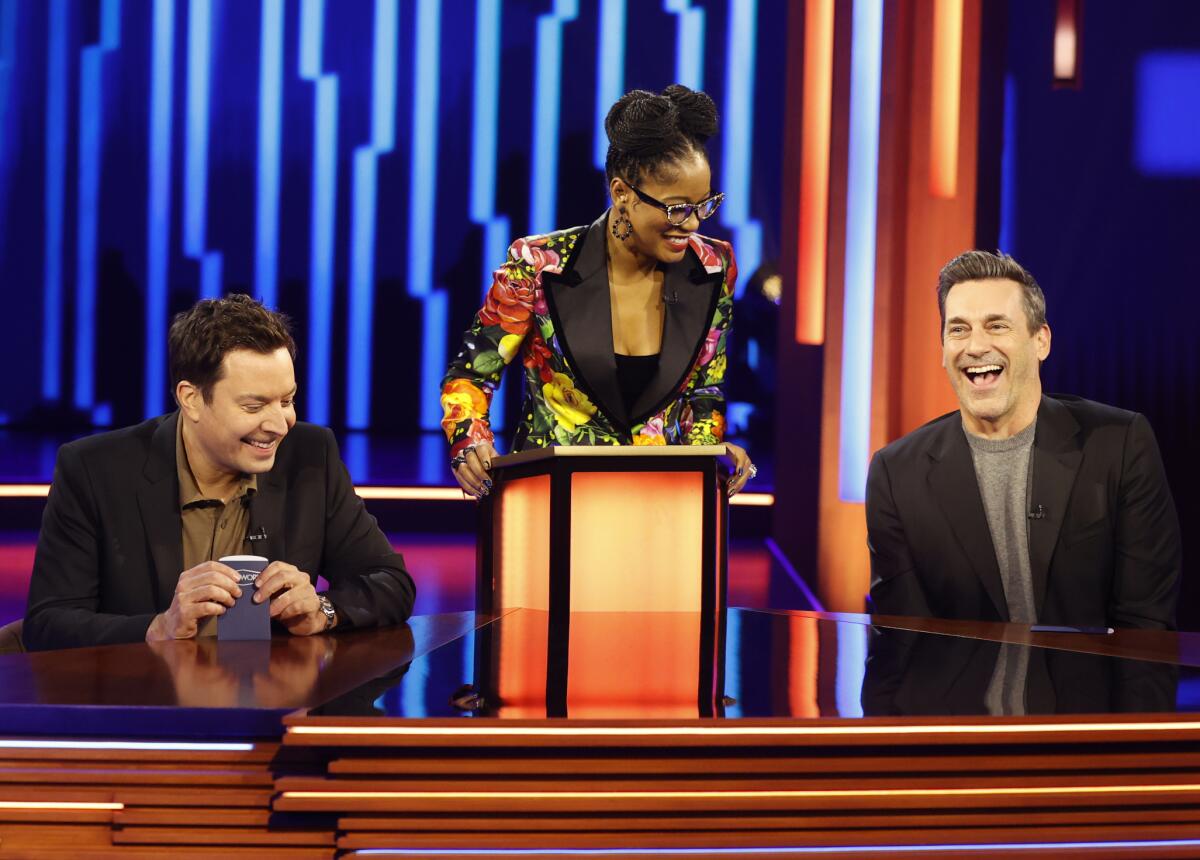 Jimmy Fallon, left, Keke Palmer and Jon Hamm in "Password" on NBC.