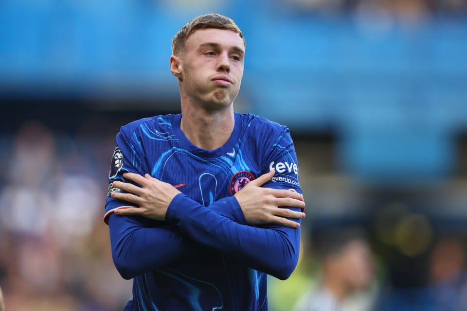 Cole Palmer of Chelsea celebrates his second goal during a Premier League match.