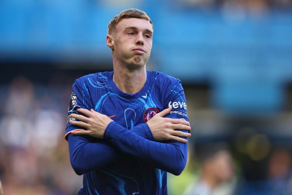 Cole Palmer of Chelsea celebrates his second goal during a Premier League match.